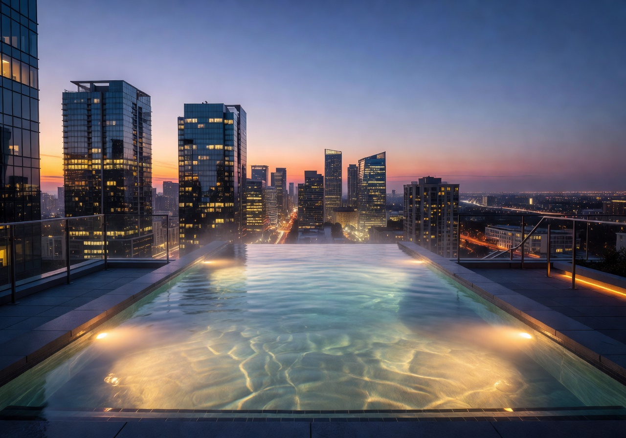 Heated rooftop pool with city view